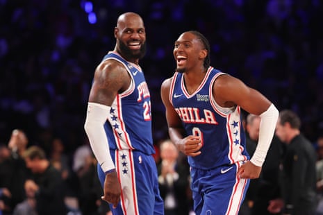 Tyrese Maxey and LeBron James react during the fourth quarter of the Philadelphia 76ers’ 114-106 comeback victory over the Cleveland Cavaliers on Thursday night.