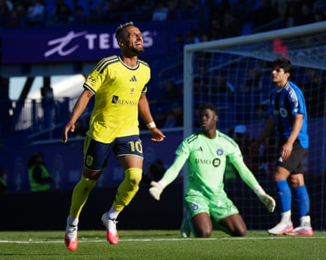 Hany Mukhtar celebrates scoring Nashville SC’s second goal during their 2-0 win over CF Montreal at Saputo Stadium on Saturday, a victory that secured the club’s first MLS Supporters’ Shield.