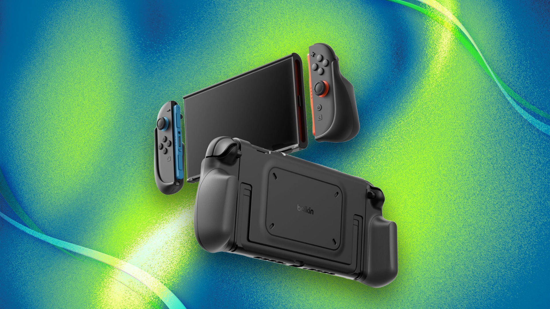 Belkin Nintendo Switch 2 Grip Case in black with a green background